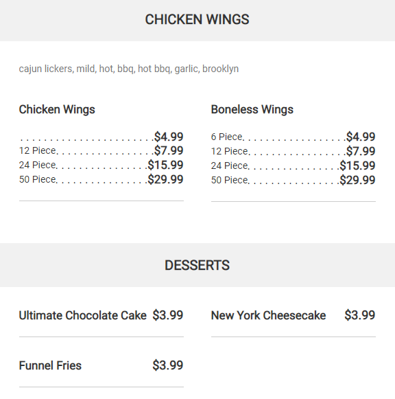Menu - CHICKEN WINGS and DESSERTS